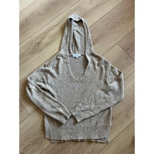 WHITE + WARREN Lightweight Knit V Neck Hoodie Sweater XS Beige Speckled
